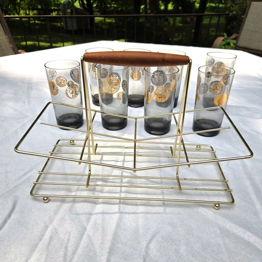 Vtg Highball Glasses Set 8 clear + Smoky Grey Gold Roman Coin MCM Barware Caddy